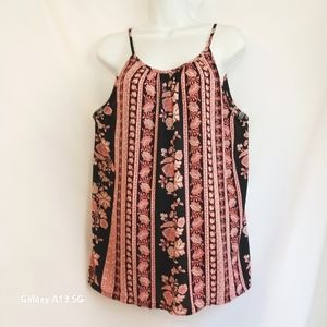 Loft Women's Black & Pink  Floral Stripe Halter Top Sz XL